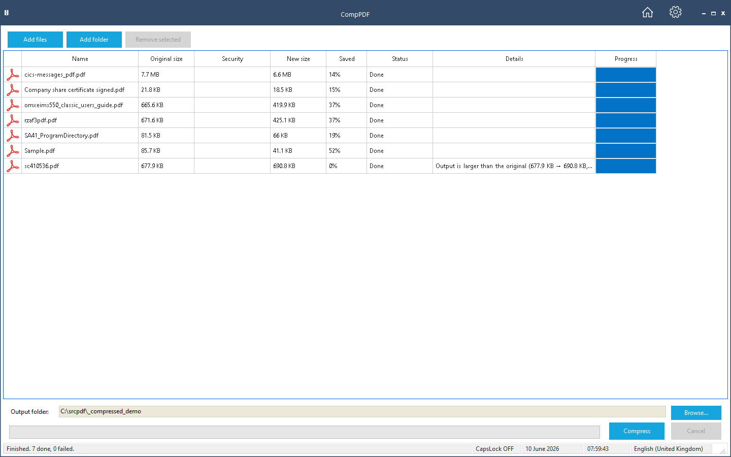CompPDF after a compression run, showing the space saved on every file