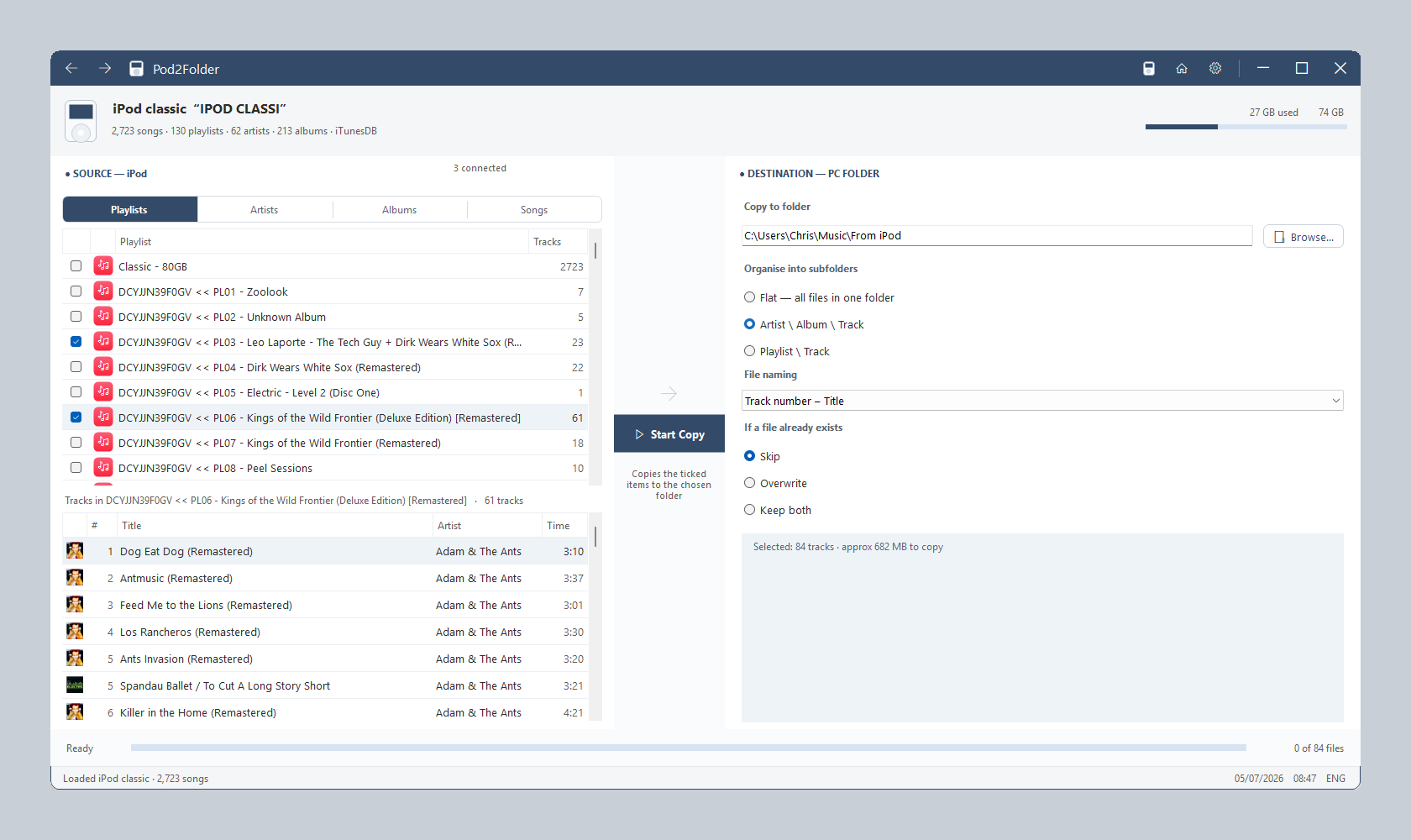 Pod2Folder Playlists tab with ticked playlists and album artwork