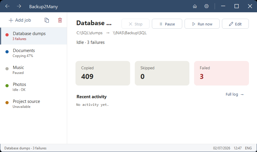 Backup2Many main window